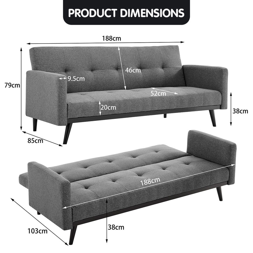 Sarantino Tufted Faux Linen 3-Seater Sofa Bed with Armrests - Light Grey