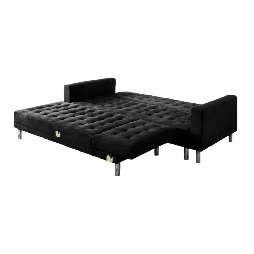 Sarantino Faux Velveteen Corner Wooden Sofa Bed Couch with Chaise Black