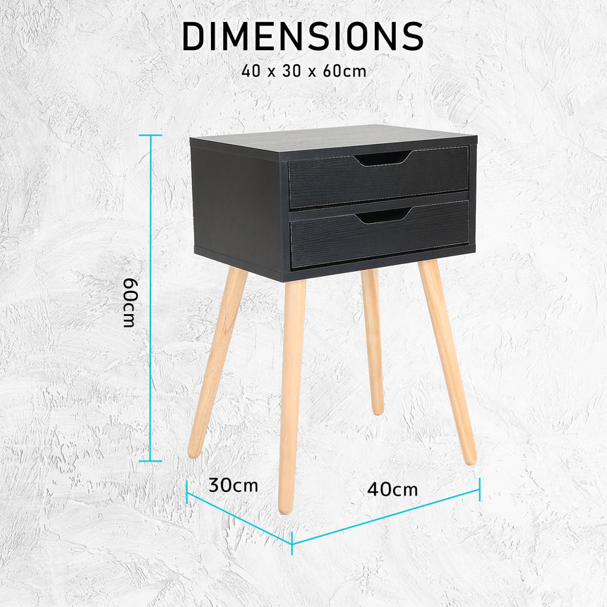 2X Bedside Table 2 Drawer Wood Leg Storage Cabinet Nightstand SUZY BLACK