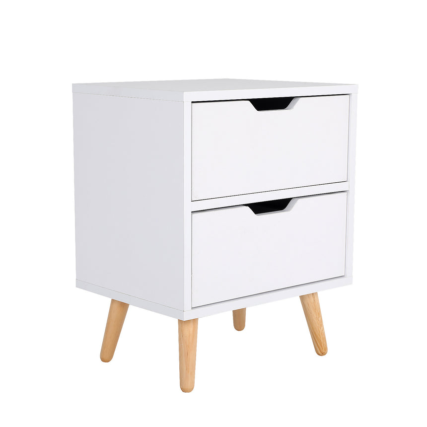 Bedside Table 2 Drawer Wood Leg Storage Cabinet Nightstand KIYO WHITE