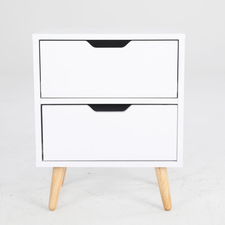 Bedside Table 2 Drawer Wood Leg Storage Cabinet Nightstand KIYO WHITE