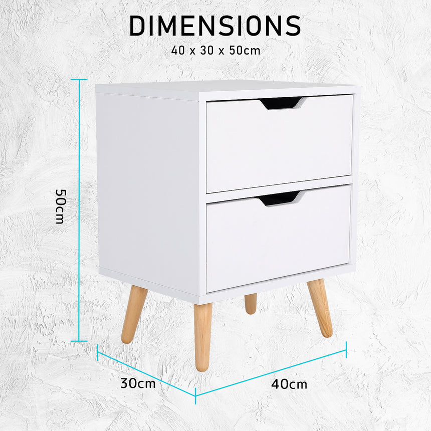 Bedside Table 2 Drawer Wood Leg Storage Cabinet Nightstand KIYO WHITE