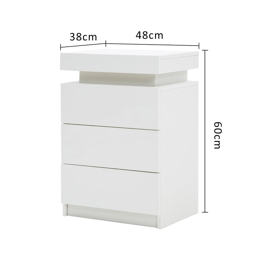 Bedside Table 3 Drawers RGB LED Bedroom Cabinet Nightstand Gloss GLORY WHITE