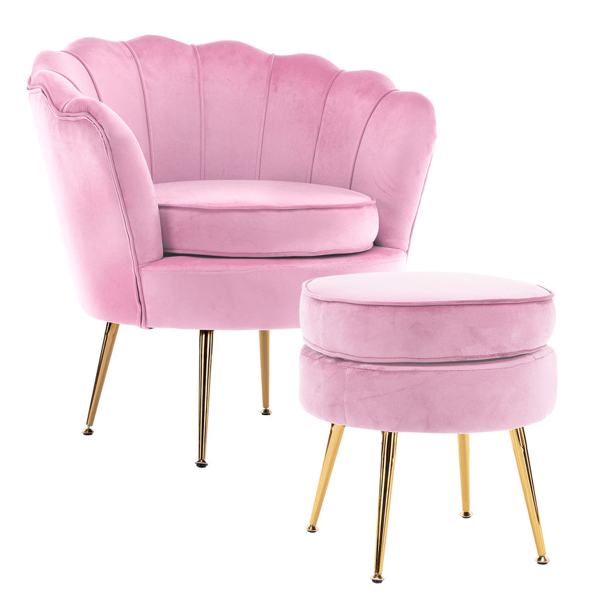 Armchair Lounge Chair Accent Velvet Shell Scallop + Round Ottoman Footstool PINK