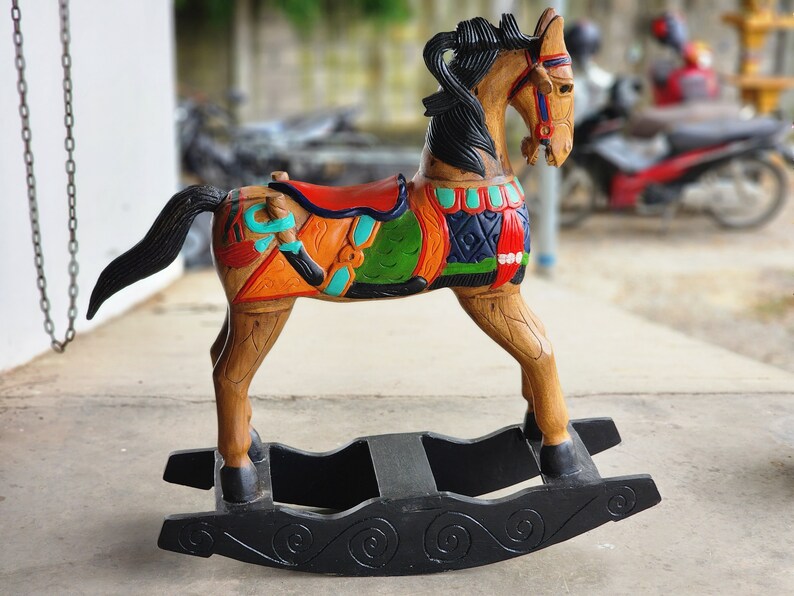 Rocking horse handmade solid wood-beautiful hand painted detail-very unique