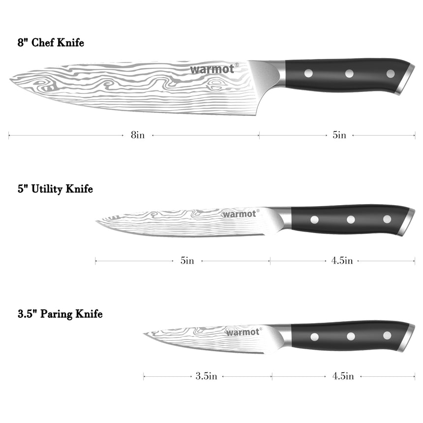 Warmot 3-Piece High Carbon Stainless Steel Cooking Knife Triple Riveted Handle with Gift Box(997-3)