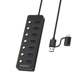 Simplecom CH375C USB-A and USB-C to 7-Port USB 3.0 Hub 5Gbps Individual Switches and Power Adapter