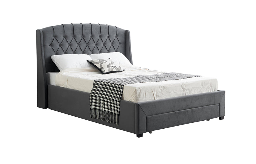 Paris Tall Tufted Velvet Dark Grey Bed with Storage Drawer - King