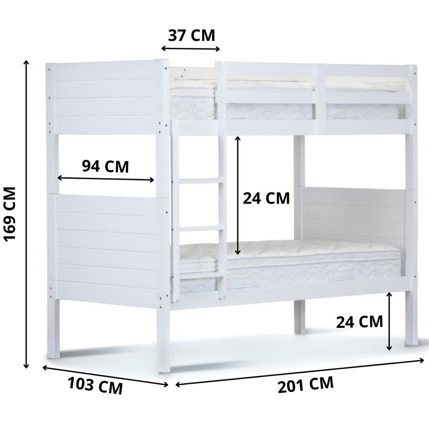 Zinnia Single Bunk Bed Frame Solid Rubber Timber Wood Loft Furniture - White