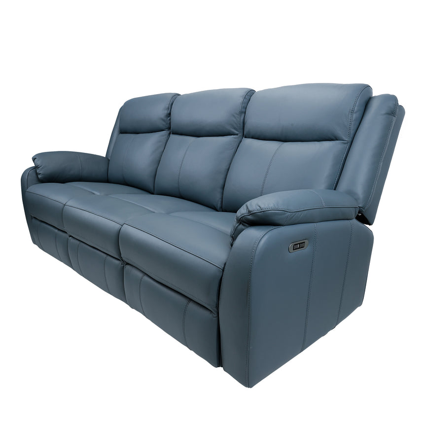 Bella 3 Seater Electric Recliner Genuine Leather Upholstered Lounge - Blue