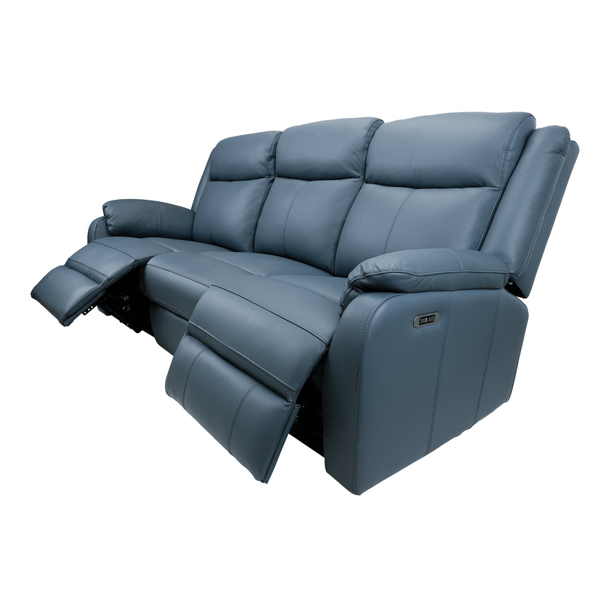 Bella 3 Seater Electric Recliner Genuine Leather Upholstered Lounge - Blue