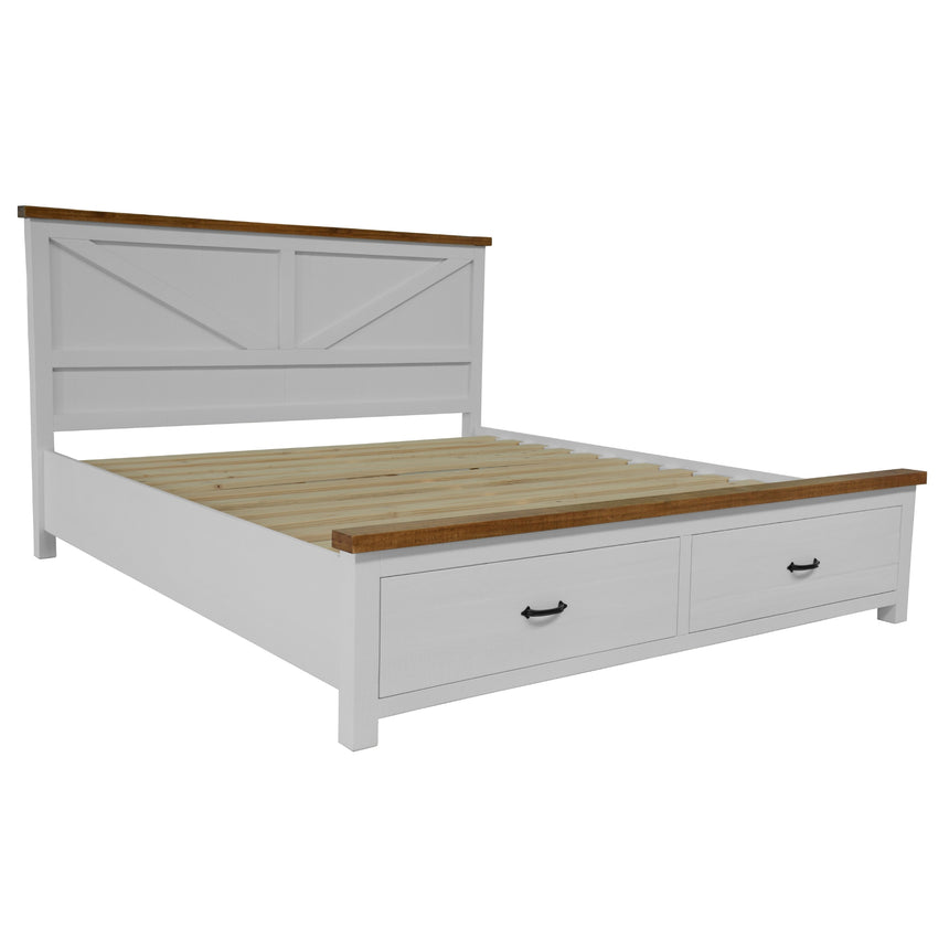 Grandy Bed Frame King Size Timber Mattress Base With Storage Drawers White Brown