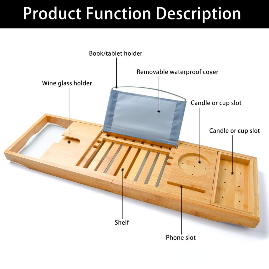 Bamboo Bathtub Bath tub Tray Table Caddy Tray Cellphone,Book,Tray Wineglass Holder