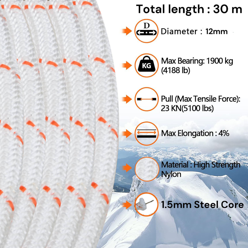 12mm 30m Safety Climbing Rope Nylon Rock Static Outdoor Boat Anchor Marine Rope Dock Lines Rope