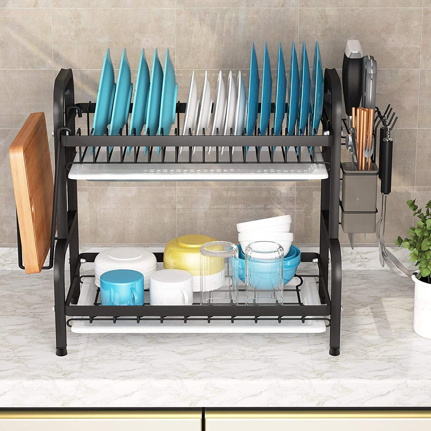 Dish Rack 2 Tier Dish Dryer Drainer Stainless Steel Dish Drying Rack Drip Trays Side Holder Kitchen Storage Save Space