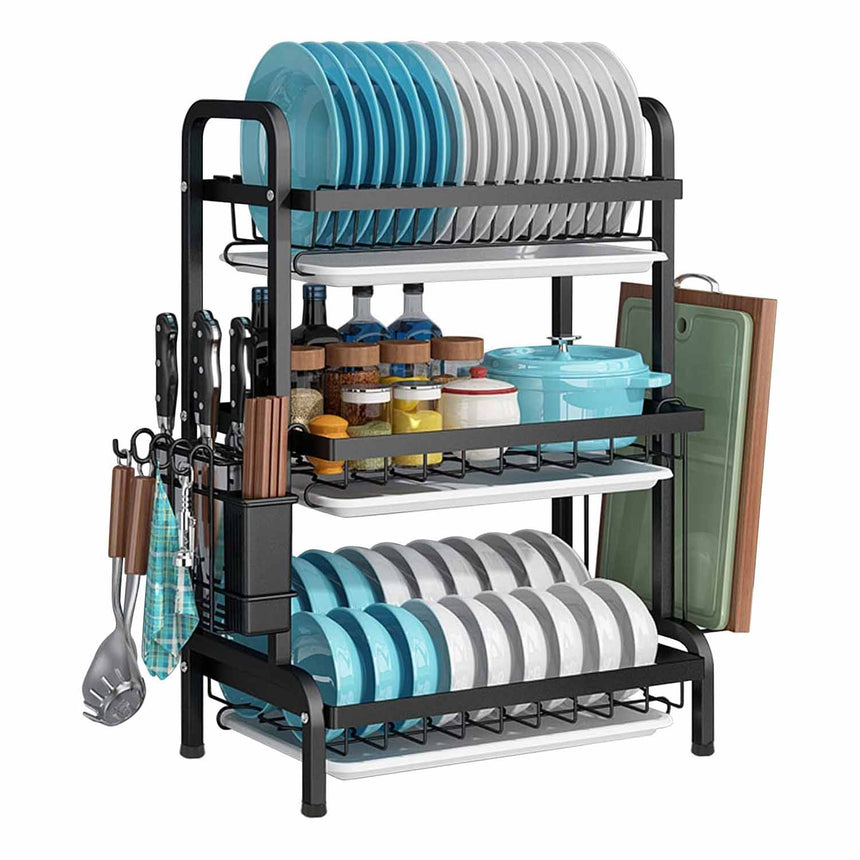 Dish Rack 3 Tier Dish Dryer Drainer Stainless Steel Dish Drying Rack Drip Trays Side Holder Kitchen Storage Save Space