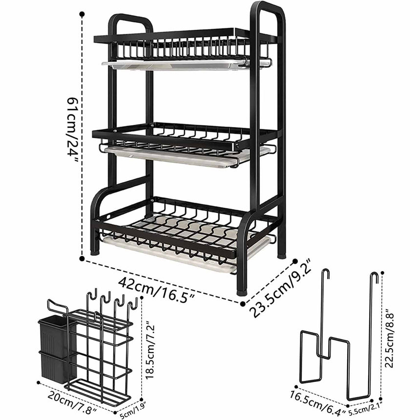 Dish Rack 3 Tier Dish Dryer Drainer Stainless Steel Dish Drying Rack Drip Trays Side Holder Kitchen Storage Save Space