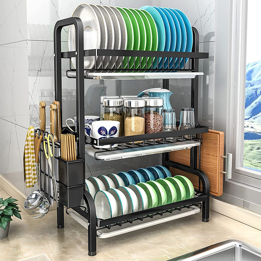 Dish Rack 3 Tier Dish Dryer Drainer Stainless Steel Dish Drying Rack Drip Trays Side Holder Kitchen Storage Save Space