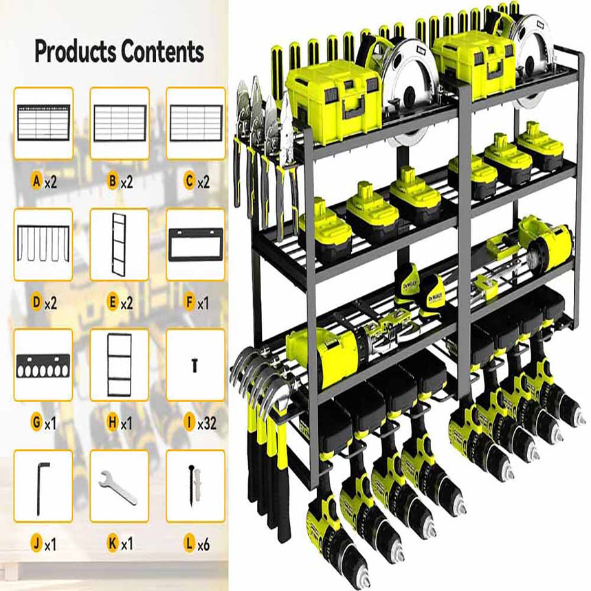 Large Power Tool Organizer 4 Layers Garage Tool Storage Rack Workshop Tool Shelf Drill Pliers Hammer Rack