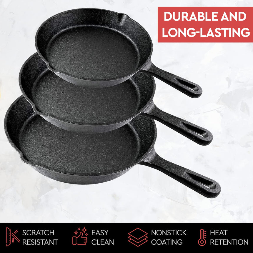 Cast Iron Skillet Cookware 3-Piece Set Chef Quality Pre-Seasoned Pan 10" 8" 6" Pans