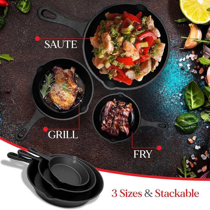 Cast Iron Skillet Cookware 3-Piece Set Chef Quality Pre-Seasoned Pan 10" 8" 6" Pans