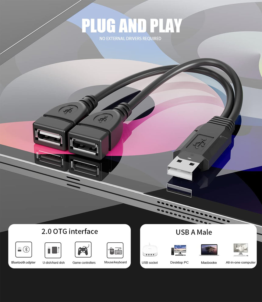 USB Splitter 1 Male to 2 Female USB Extension Cable Connectors USB 2.0 Male to Dual USB Female Splitter