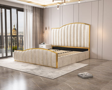 Elegant Luxury King Size Bedframe in Beige with Gas Lift Storage Velvet Fabric Golden Trim