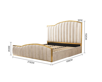 Elegant Luxury King Size Bedframe in Beige with Gas Lift Storage Velvet Fabric Golden Trim