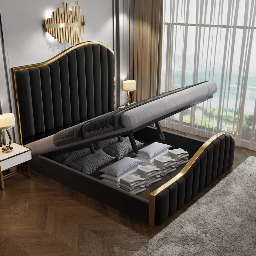 Queen Size Black Velvet Fabric Golden Metal Storage Elegant Luxury Bedframe