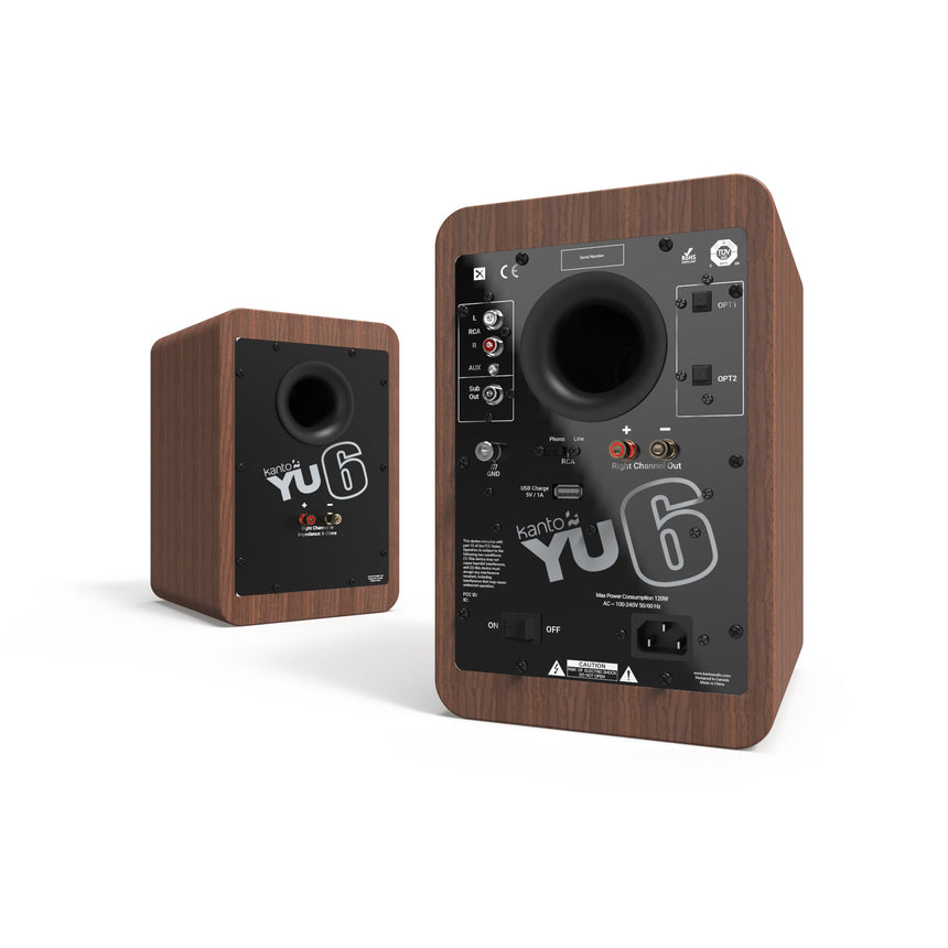 Kanto YU6 200W Powered Bookshelf Speakers with Bluetooth and Phono Preamp - Pair, Walnut with S6 Black Stand Bundle