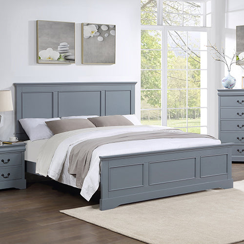 4 Pieces Bedroom Suite in Solid Wood & MDF Queen Size Grey Colour Bed, Bedside Table & Dresser