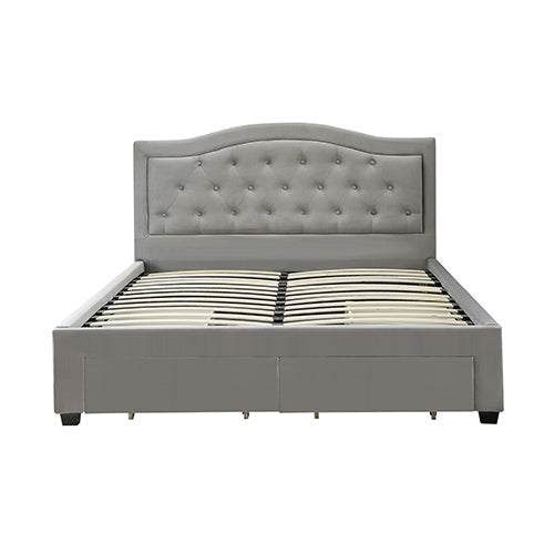 Emily Bed Frame Queen Size Velvet Fabric Grey Four MDF Drawers with Wheels