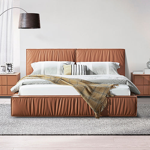 Louis King Bed Frame PU leather KD Slat in Wooden Legs