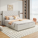 Veronica Bed Frame Double Size Winged Grey Linen Fabric Seam Grid Pattern with gas lift plywood metal structure