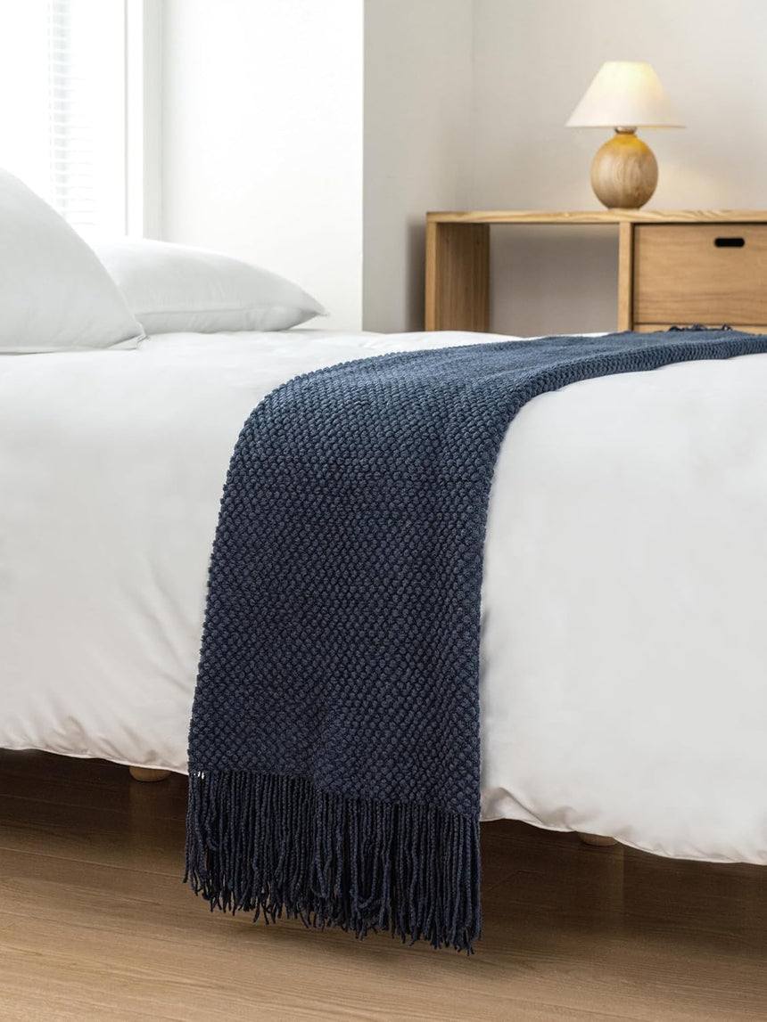 Micro Plush Knitted Woven Throw Blanket - Navy