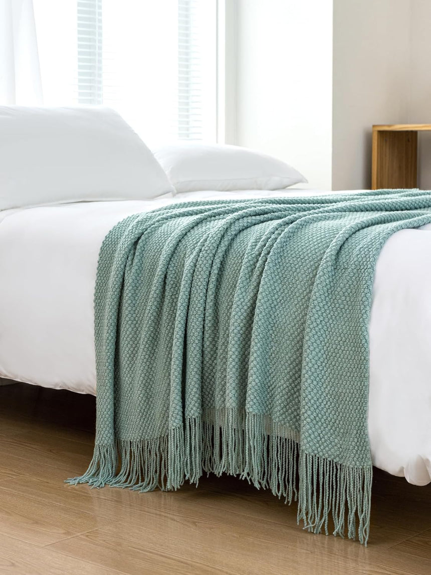 Micro Plush Knitted Woven Throw Blanket - Seafoam