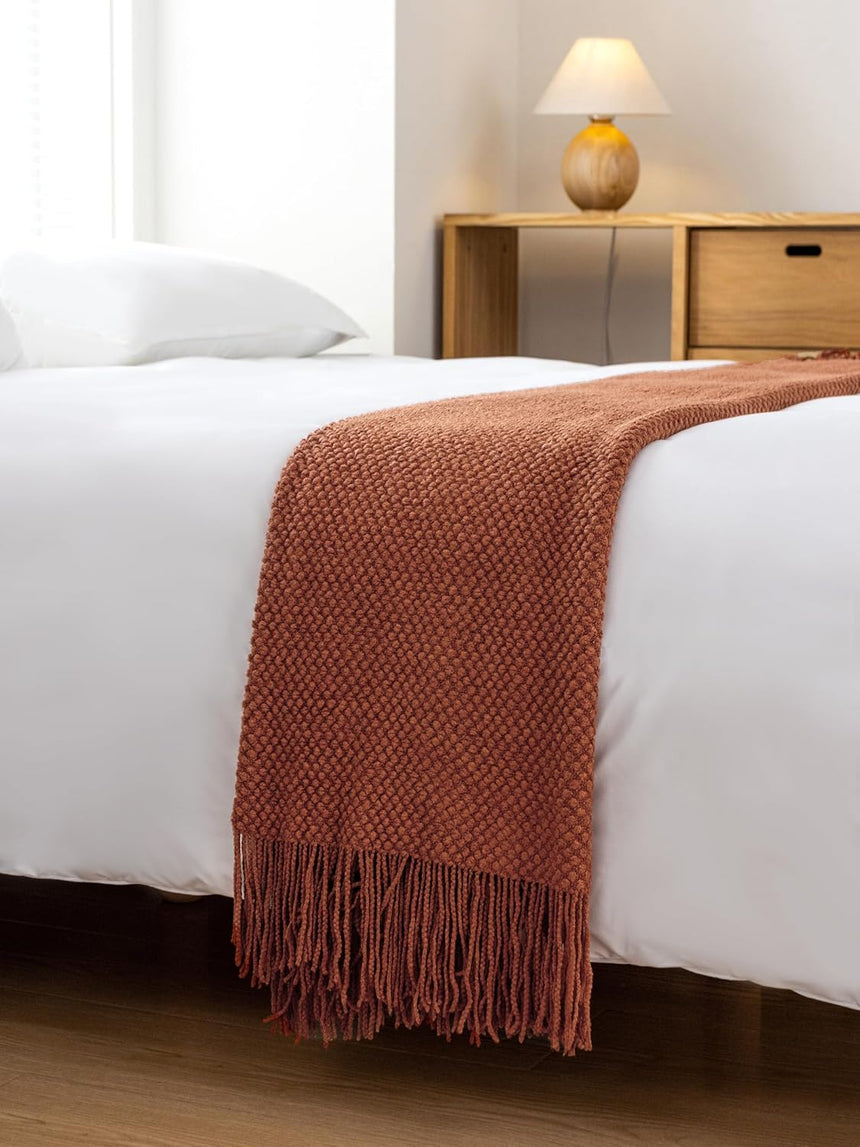 Micro Plush Knitted Woven Throw Blanket - Terracotta