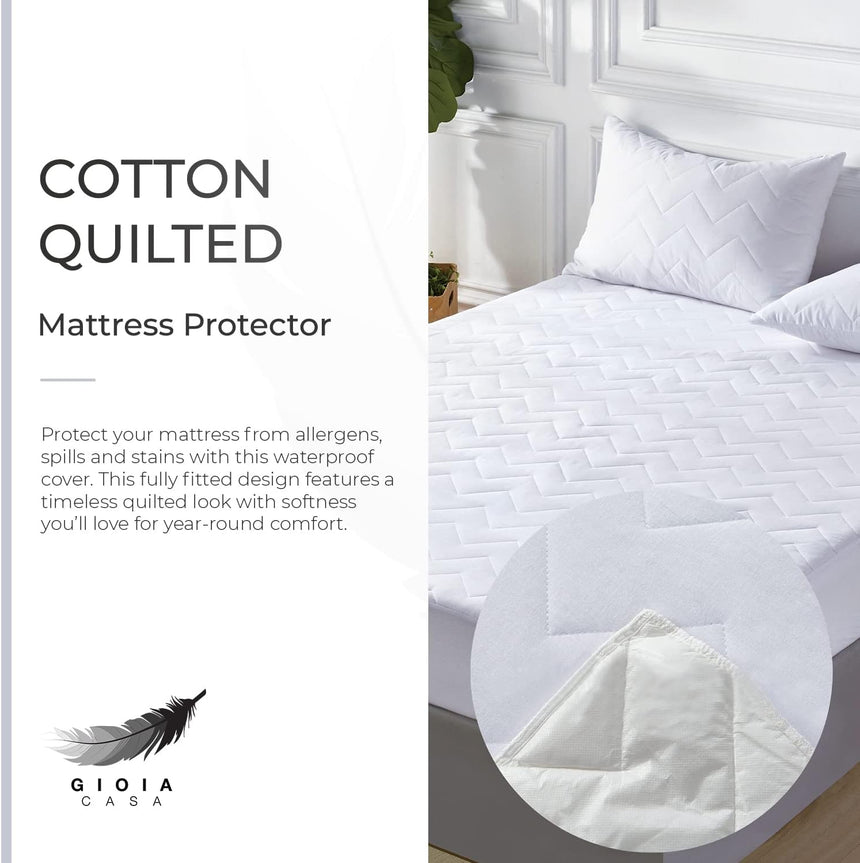 Gioia Casa 100% Ultra-Soft Cotton Quilted Anti-Microbial Mattress Cover Protector - Single Size