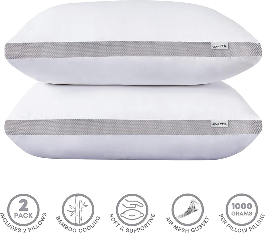 Bamboo Cooling Pillows Twin Pack - Luxury Plush Down-Like Microfibre Pillows for Bedding - Ultra Soft, Comfy & Breathable Standard Pillows