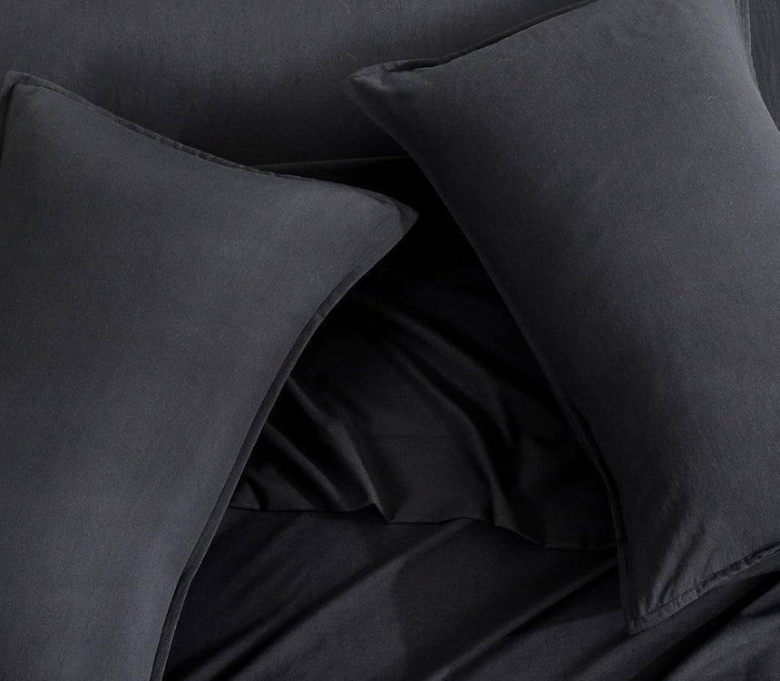 Vintage Washed Microfibre Standard Pillowcases - Set of 2 Luxurious Standard Pillow Covers - Black