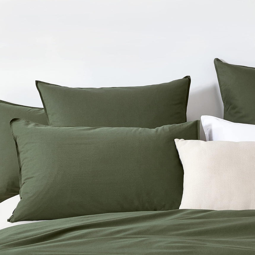 Vintage Washed 100% Cotton Standard Pillowcase - Luxurious Standard Pillow Cover - Khaki Green - 2 Pcs