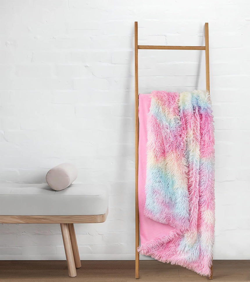 Double Sided Faux Fur Shaggy Throw Blanket - Rainbow