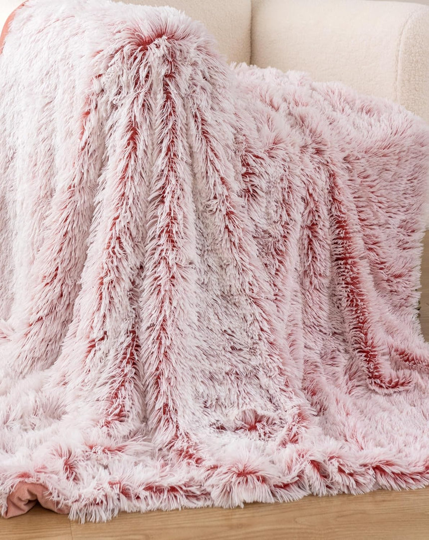 Double Sided Faux Fur Shaggy Throw Blanket - Rose