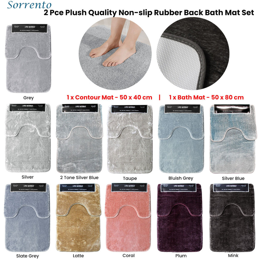 2 Pce Sorrento Plush Quality Non-slip Rubber Back Bath Mat Set Slate Grey