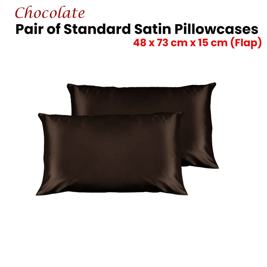 Pair of Satin Standard Pillowcases Chocolate 48 x 73 cm x 15cm (Flap)