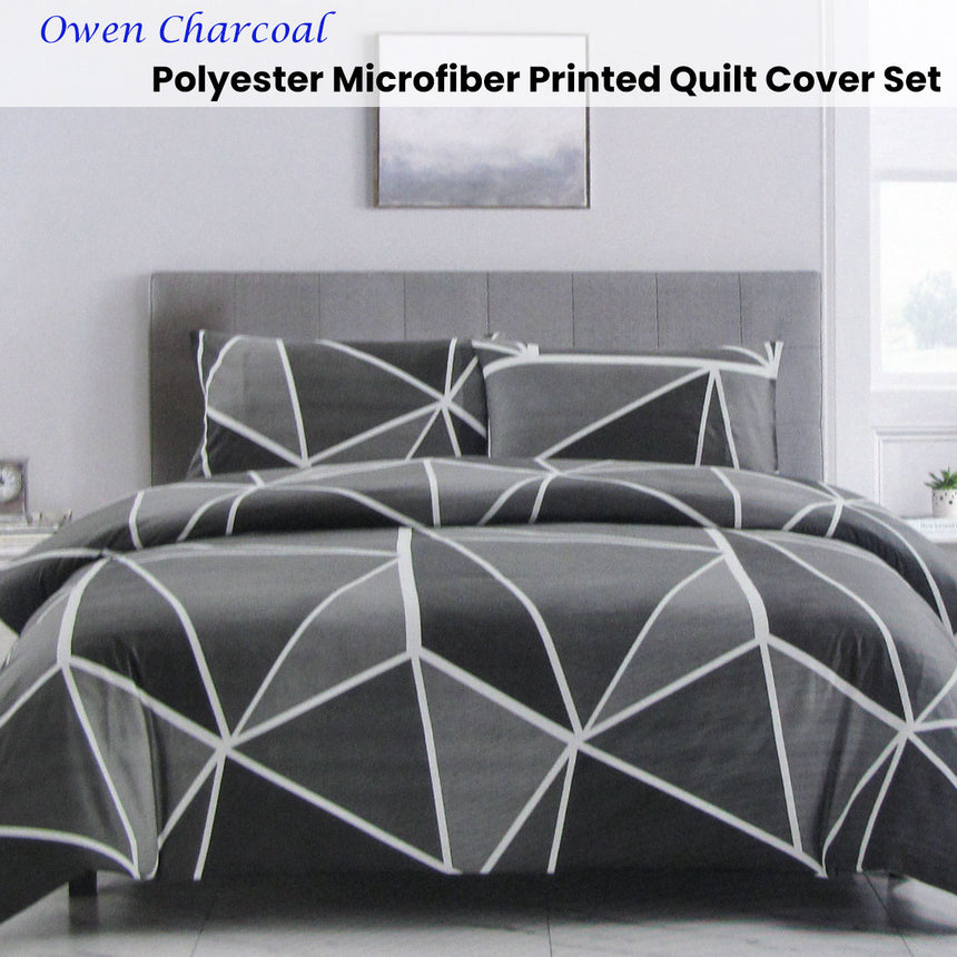 Artex Owen Charcoal Quilt Cover Set Geometric Pattern Reversible Printed Microfiber Polyester Double