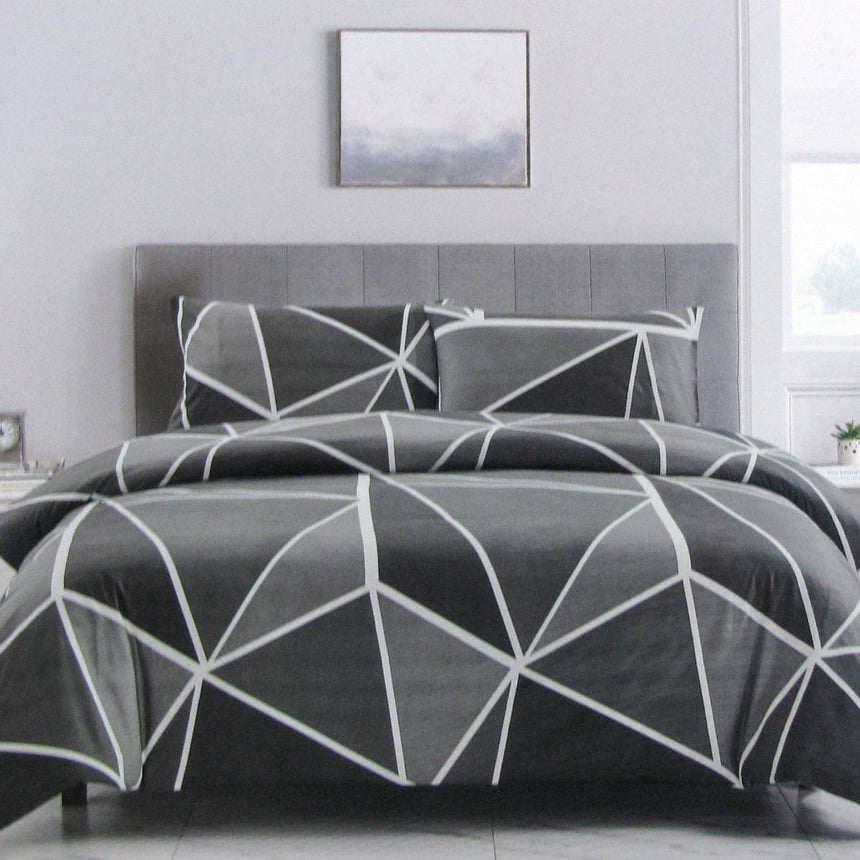 Artex Owen Charcoal Quilt Cover Set Geometric Pattern Reversible Printed Microfiber Polyester King