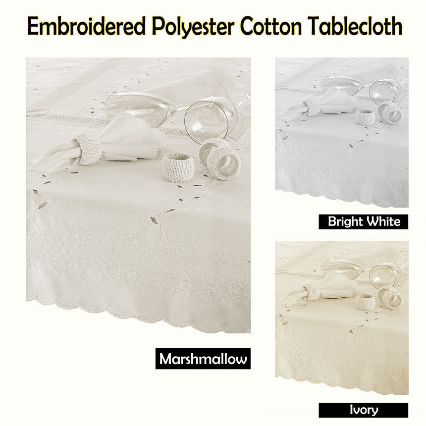 Embroidered Tablecloth - 150x225cm Oblong BRIGHT WHITE