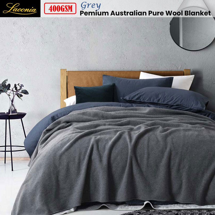 Laconia 400GSM Premium Australian Pure Wool Blanket Grey Double