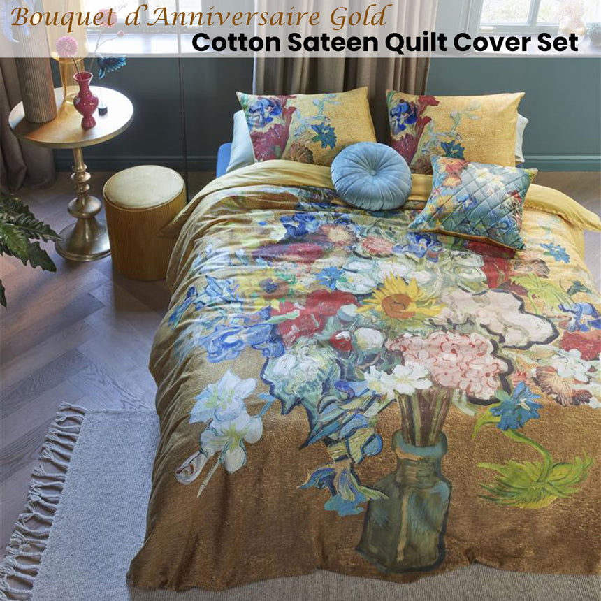 Bedding House Van Gogh Bouquet d'Anniversaire Gold Cotton Sateen Quilt Cover Set Queen